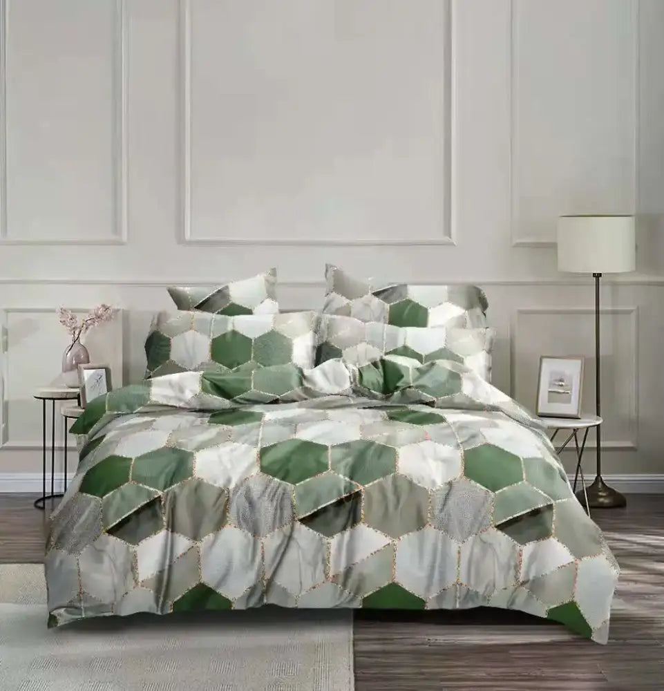 Green and white hexagonal patterned bedding set from decorbites honeycomb marble collection for bedroom use