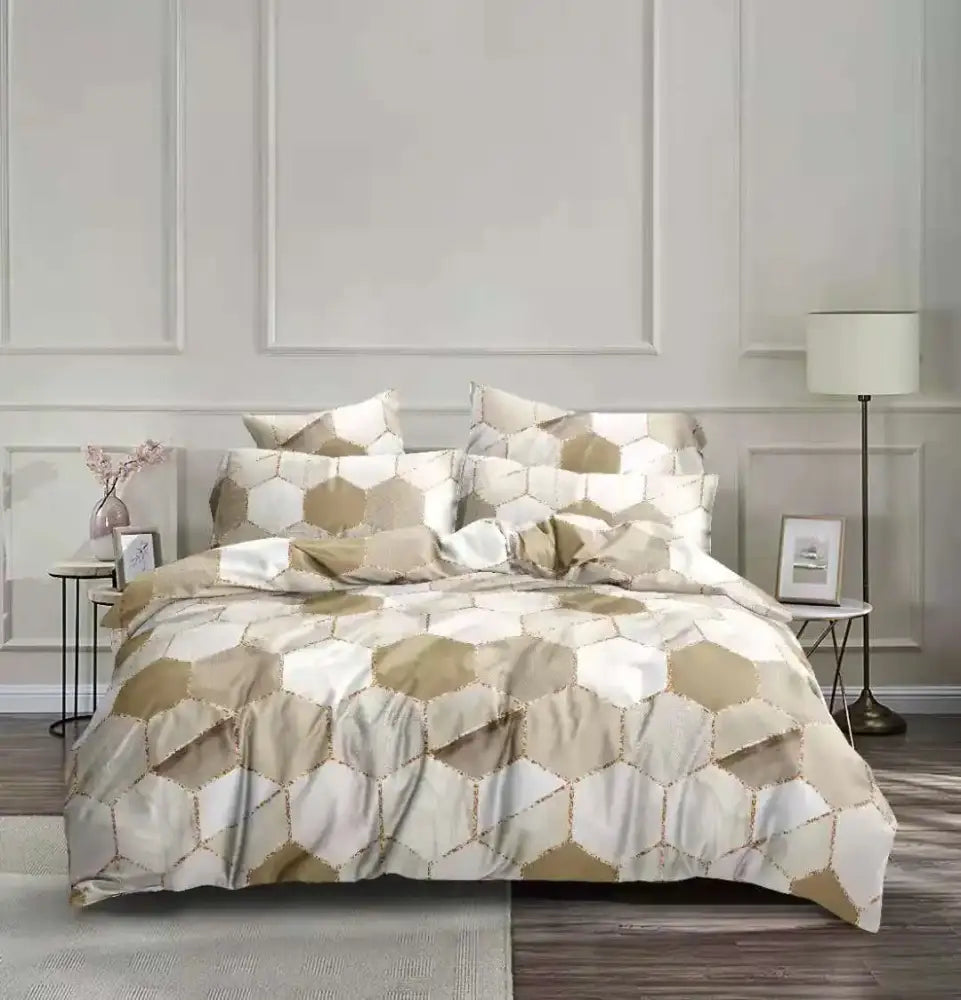 Beige and white hexagonal honeycomb marble bedding set with subtle metallic sheen for bedroom decorbites honeycomb marble