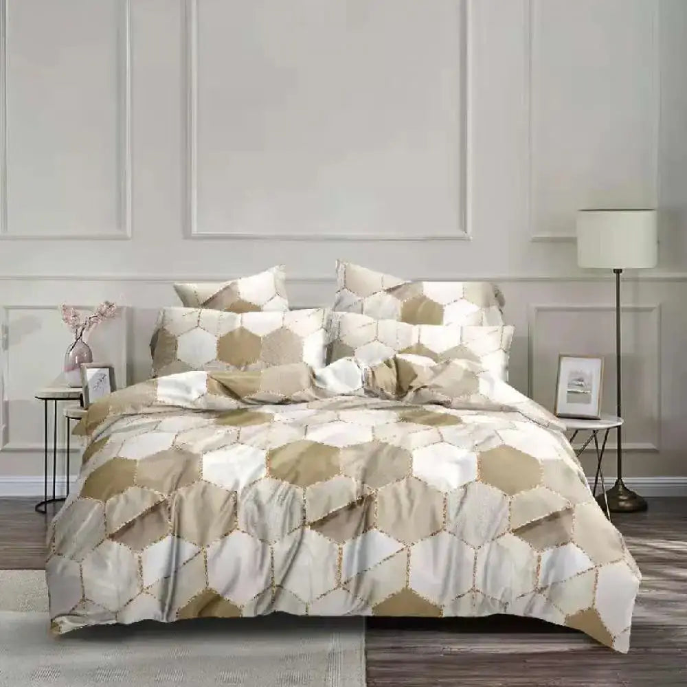 Beige and white bedding set with honeycomb marble pattern and subtle metallic trim from decorbites honeycomb marble collection