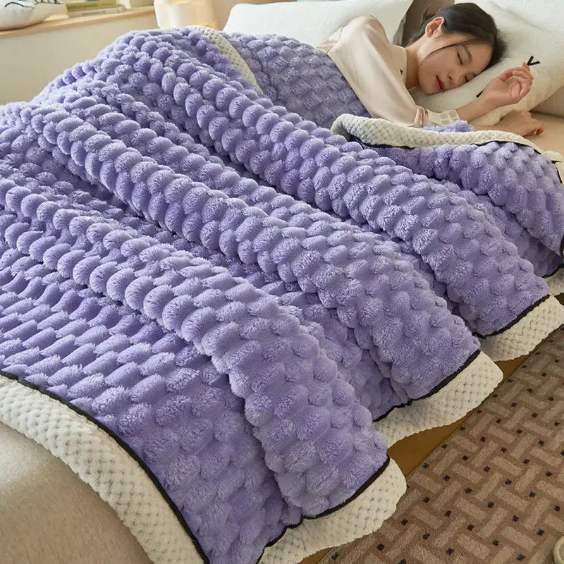 Soft lavender coral fleece bed blanket with textured raised dot pattern and cream border by decorbites cozy coral