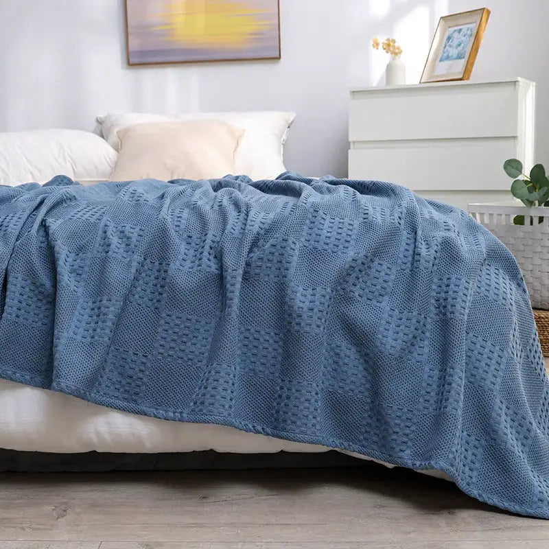 A soft textured blue knitted throw blanket with diamond pattern for bedroom decorbites honeycomb waffle cotton blankets