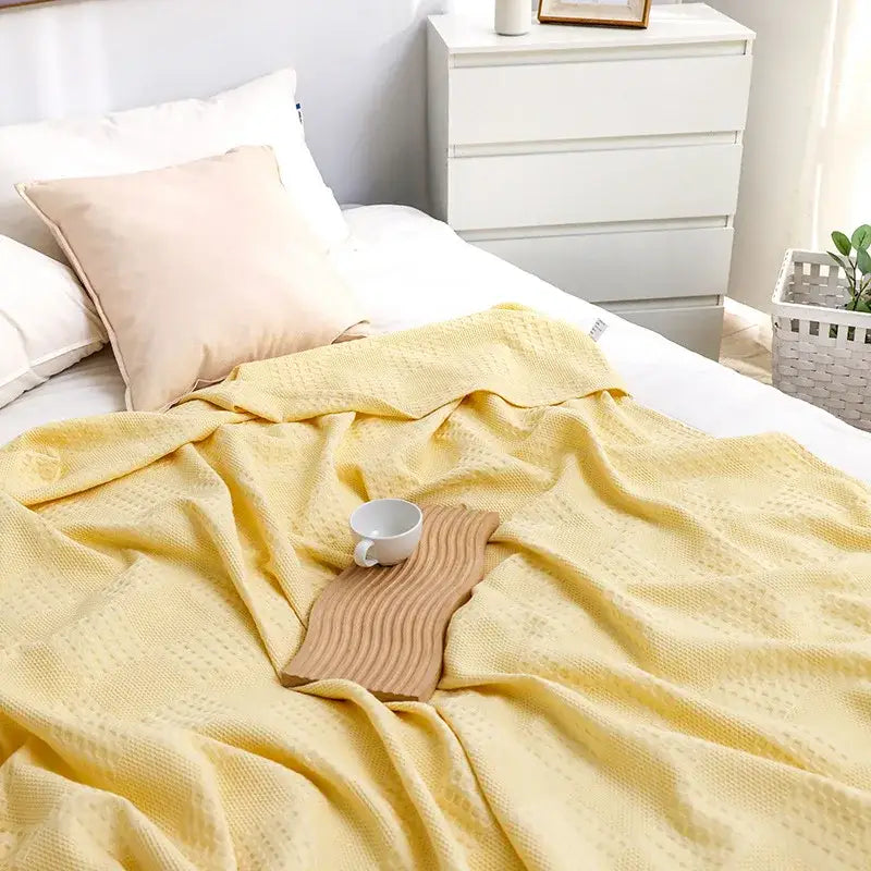 Soft yellow honeycomb waffle cotton blanket with textured pattern for bedroom decorbites honeycomb waffle throw