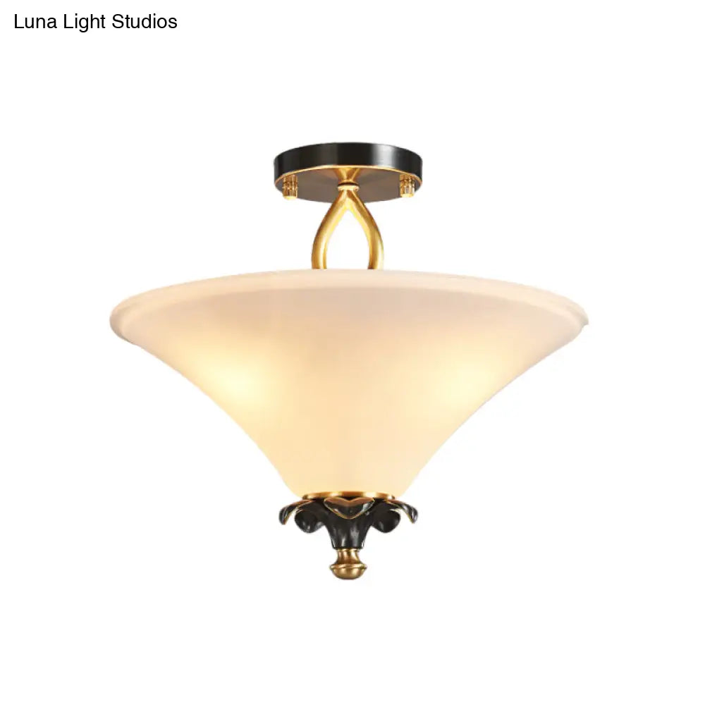 DecorBites™ DecorBites™ Horn-Shaped White Glass Semi Flush Lamp - Country Style with 3 Lights for Bedroom Ceiling in Brass