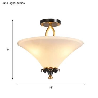 DecorBites™ DecorBites™ Horn-Shaped White Glass Semi Flush Lamp - Country Style with 3 Lights for Bedroom Ceiling in Brass