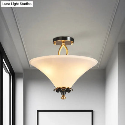 DecorBites™ DecorBites™ Horn-Shaped White Glass Semi Flush Lamp - Country Style with 3 Lights for Bedroom Ceiling in Brass