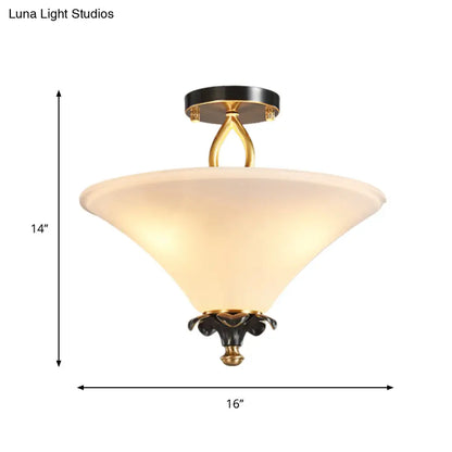 DecorBites™ DecorBites™ Horn-Shaped White Glass Semi Flush Lamp - Country Style with 3 Lights for Bedroom Ceiling in Brass