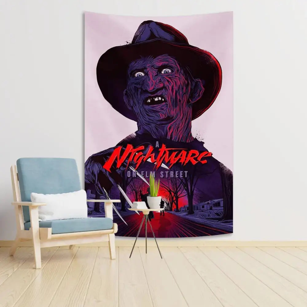 Vibrant purple and red horror movie freddy krueger wall tapestry hanging as bedroom decor on red wall