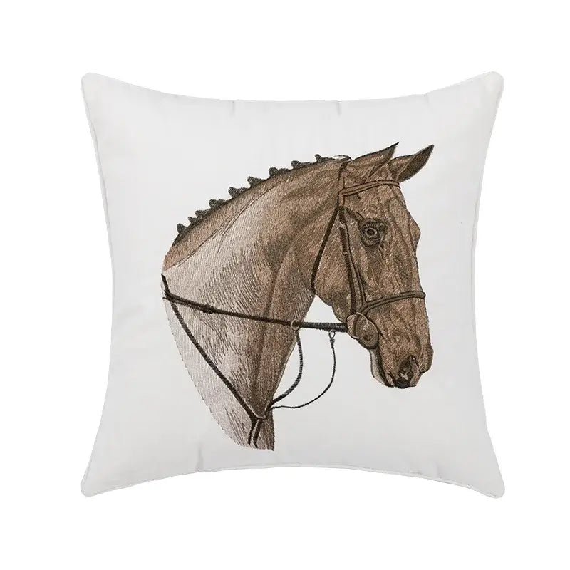 White cushion with intricately embroidered brown horse head and detailed bridle for decorbites horse head pillowcase decor