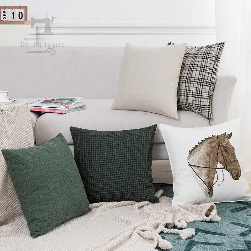 White pillow with detailed brown horse head embroidery on head embroidery pillowcase for living room decor by decorbites