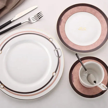 White ceramic dinner plate with brown and rose gold stitched border from horsebit pink and brown decorbites bone china tableware set