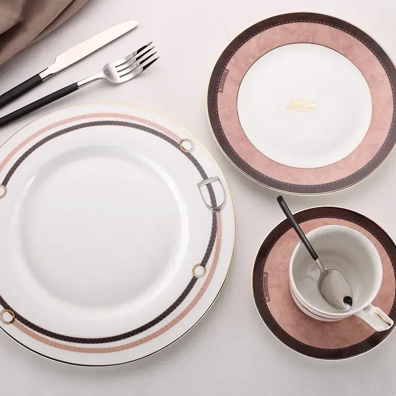 White ceramic dinner plate with brown and rose gold stitched border from horsebit pink and brown decorbites bone china tableware set