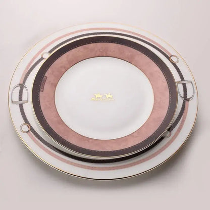 Elegant horsebit pink and brown decorbites bone china tableware set with gold trim and concentric ring design