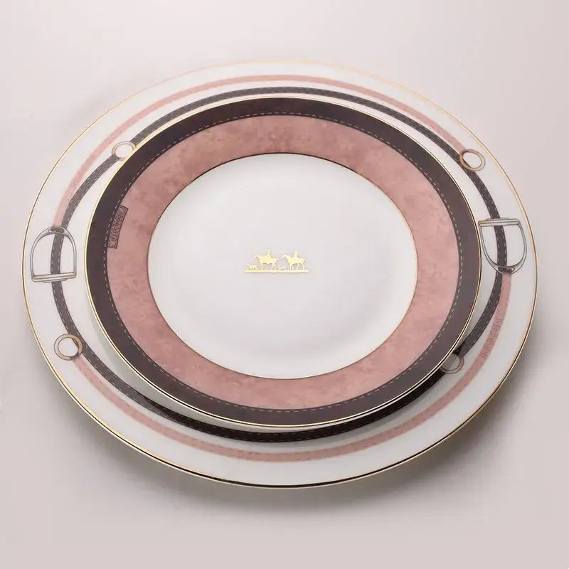 Elegant horsebit pink and brown decorbites bone china tableware set with gold trim and concentric ring design