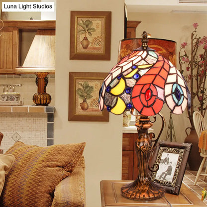 Hortense - Baroque 2-Light Bedroom Table Lamp Baroque Brass Peacock Tail Patterned Night Light with Bowl Stained Glass Shade