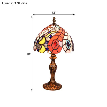 Hortense - Baroque 2-Light Bedroom Table Lamp Baroque Brass Peacock Tail Patterned Night Light with Bowl Stained Glass Shade