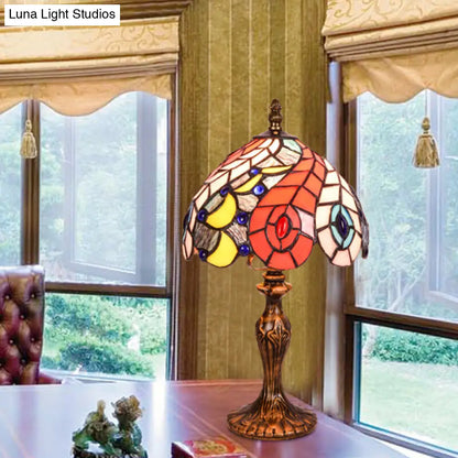 Hortense - Baroque 2-Light Bedroom Table Lamp Baroque Brass Peacock Tail Patterned Night Light with Bowl Stained Glass Shade