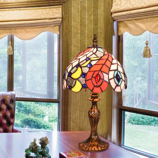 Hortense - Baroque 2-Light Bedroom Table Lamp Baroque Brass Peacock Tail Patterned Night Light with Bowl Stained Glass Shade