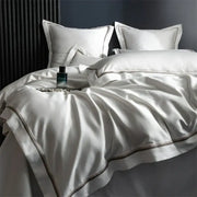 White satin duvet cover with subtle black piping in hotel style white black decorbites 1000tc egyptian cotton bedding set