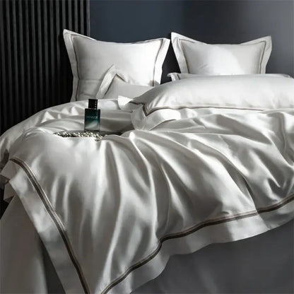 White satin duvet cover with subtle black piping in hotel style white black decorbites 1000tc egyptian cotton bedding set