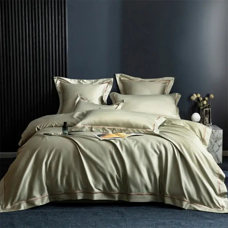 Luxurious sage green satin bedding set with gold piping combined with decorbites 1000tc egyptian cotton bedding set