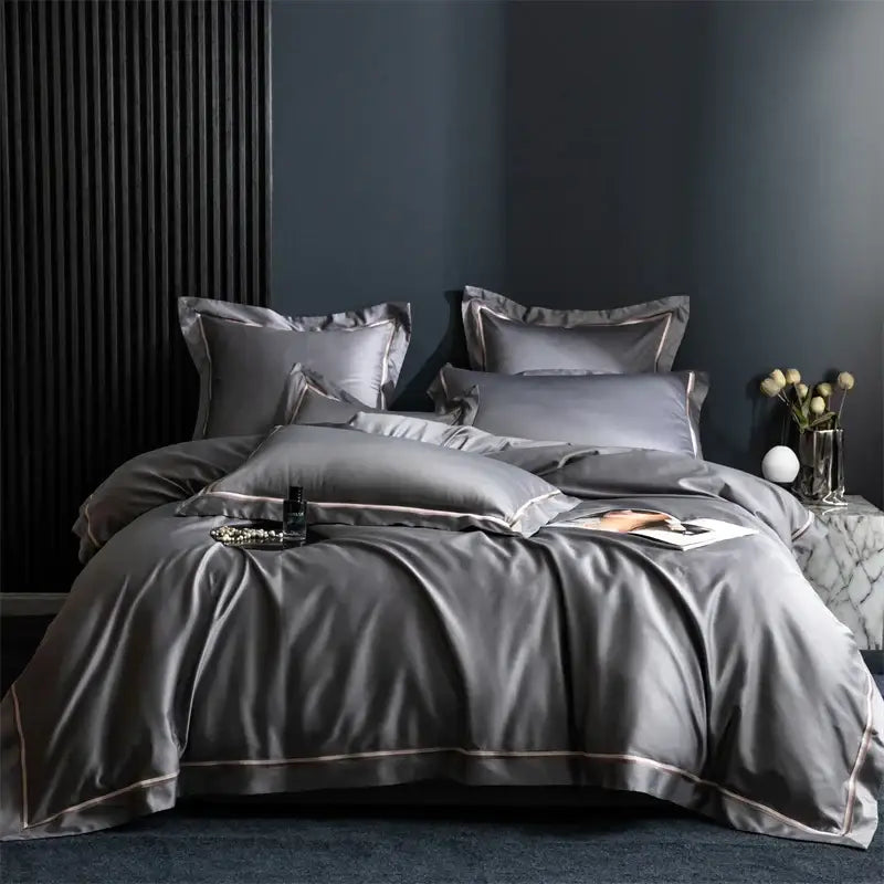 Silk-gray satin bedding set with subtle metallic piping in decorbites 1000tc egyptian cotton for hotel style bedroom