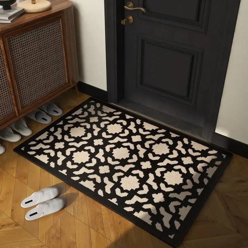 Black and cream geometric-patterned woven texture houndstooth black ivory area rug living room floor mat by decorbites