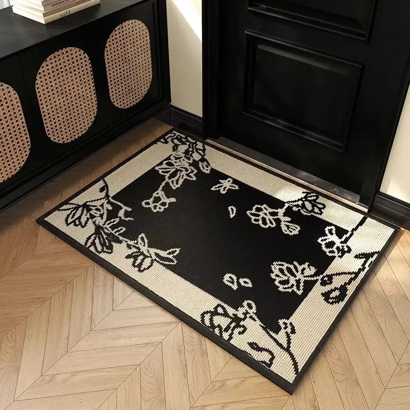 Houndstooth black ivory woven area rug with black and cream floral embroidered border for living room decorbites black ivory area