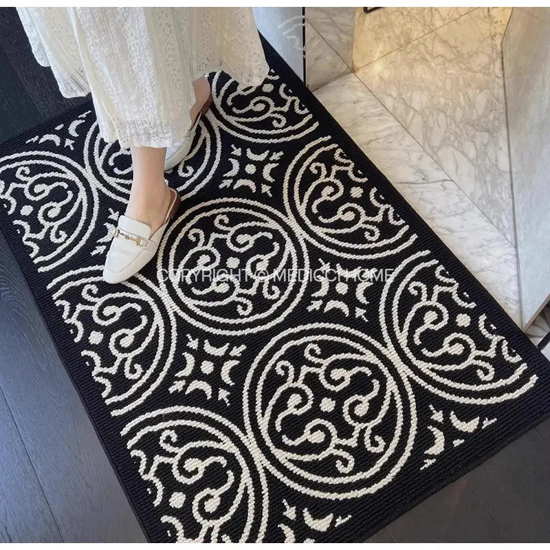 Black and white patterned decorbites houndstooth black ivory area rug with intricate circular designs for living room floor