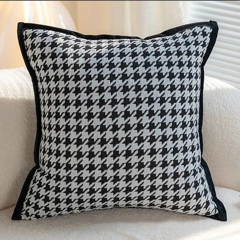 Black and white houndstooth jacquard pillowcase with solid black border for living room decorbites houndstooth jacquard decor
