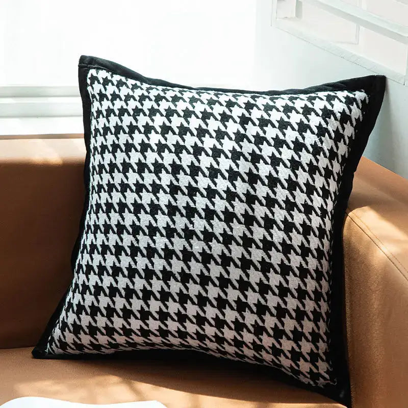 Black and white houndstooth jacquard pillowcase with solid black border for living room decor by decorbites