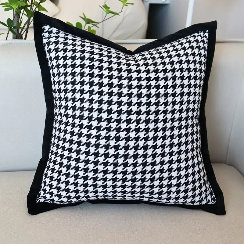 Black and white houndstooth jacquard pillowcase with solid black velvet border for living room decorbites decor