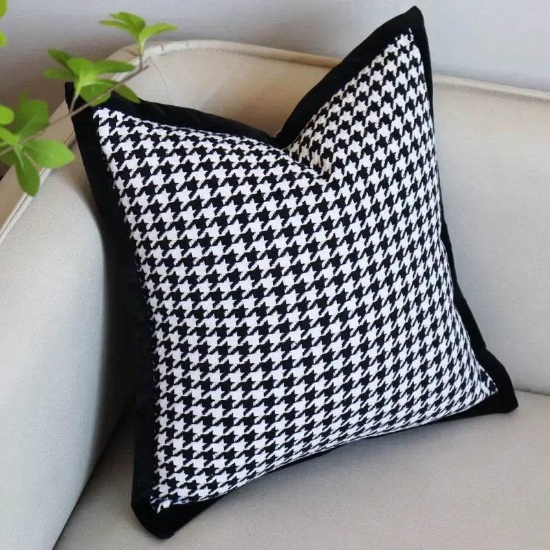 Black and white houndstooth jacquard pillowcase with solid black velvet border for living room decorbites decor