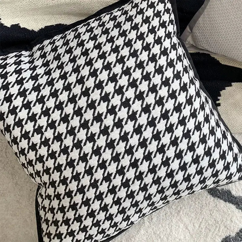 Black and white houndstooth jacquard pillowcase with solid black border for living room decor by decorbites houndstooth jacquard