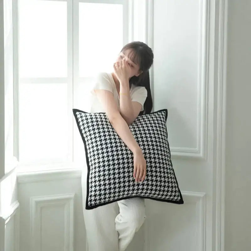 Black and white houndstooth jacquard pillowcase with solid black border for living room decor by decorbites