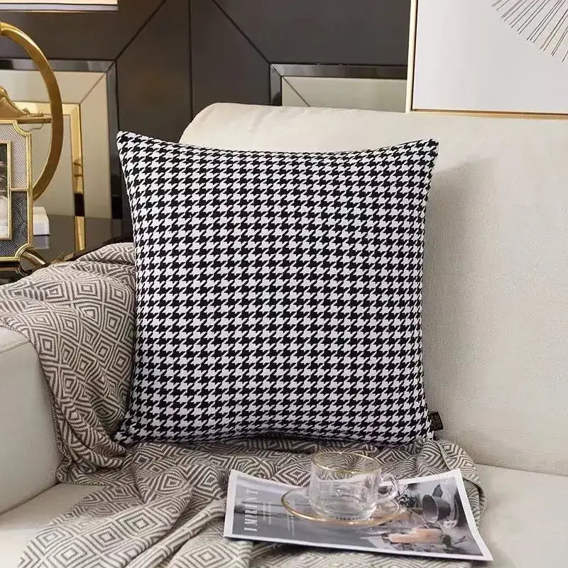 Black and white houndstooth plaid pillow cover by decorbites enhances living room decor with classic pattern and soft fabric