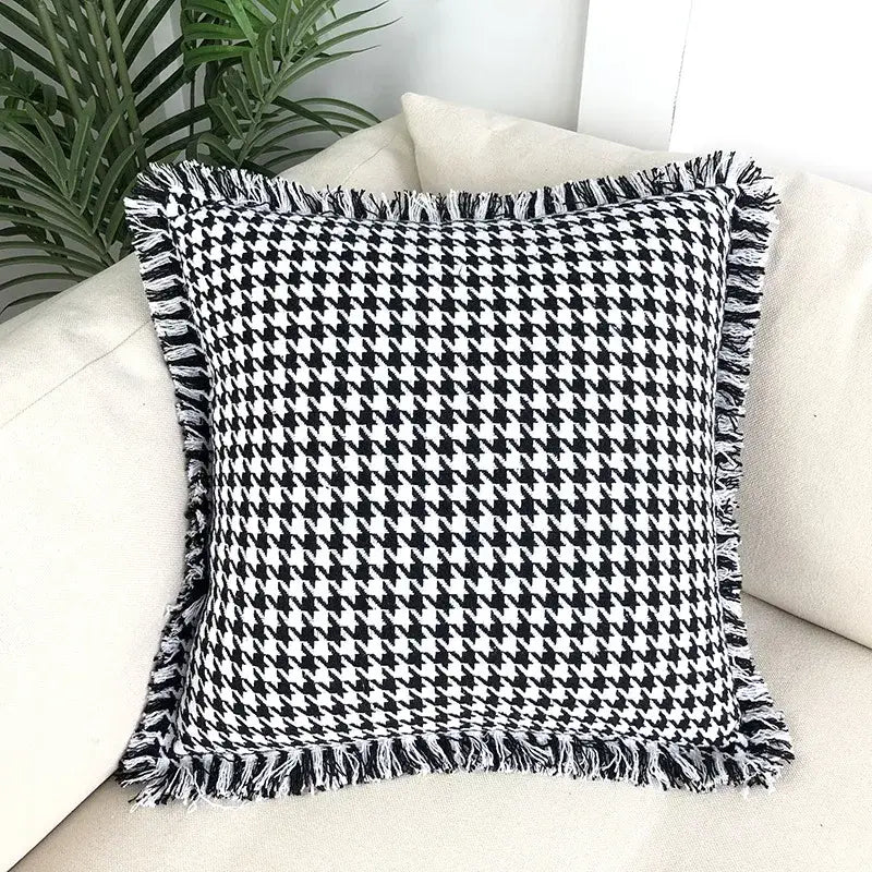 Black and white houndstooth plaid pillow cover with frayed edges decorbites houndstooth plaid pillow for living room decor