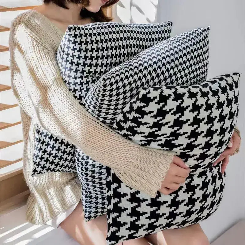 Black and white decorbites houndstooth plaid pillow covers enhancing living room decor with classic pattern throw pillows