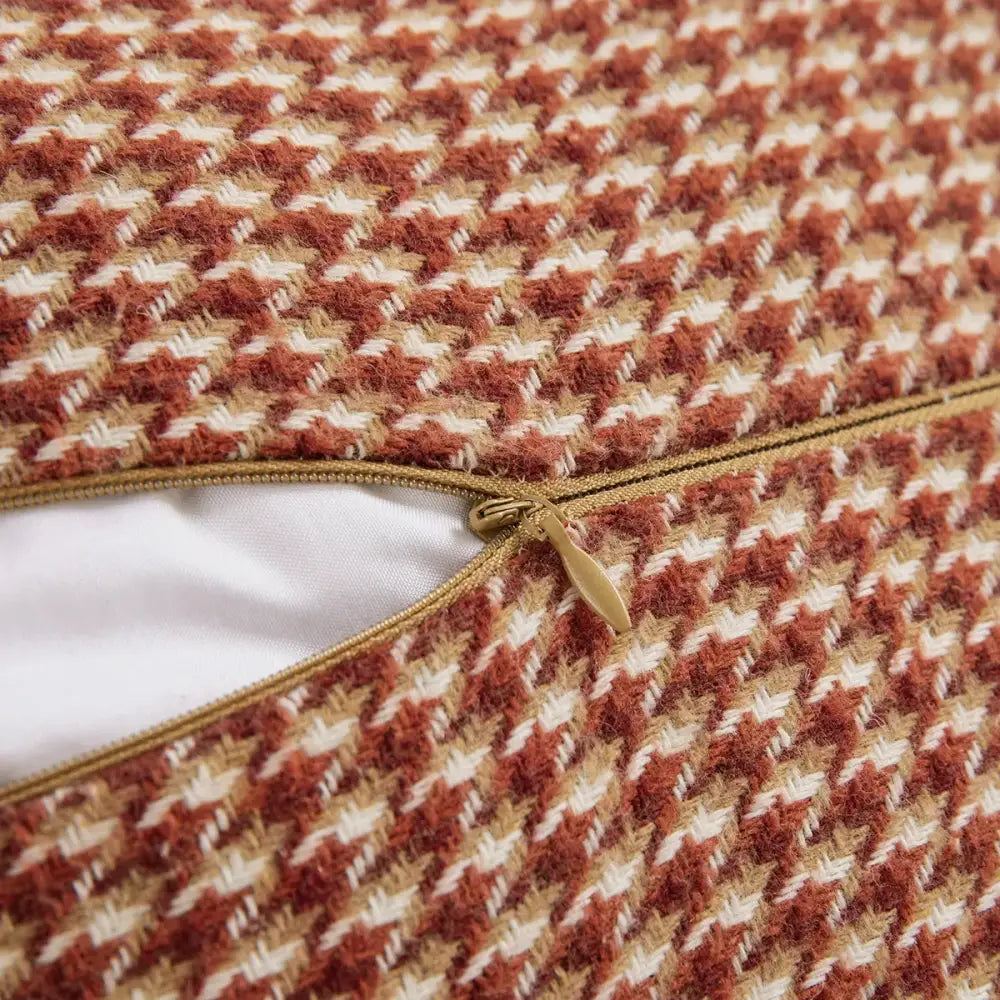 A cozy rust and cream herringbone cushion cover with gold zipper decorbites hounds tooth square living room pillow decor