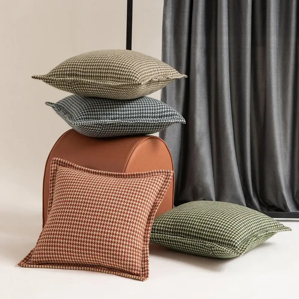 Stacked hounds tooth square cushion covers in olive green muted blue gray and terracotta brown woven fabric decorbites decor
