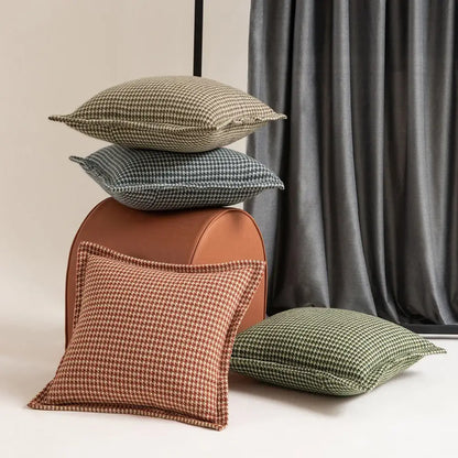 Stacked hounds tooth square cushion covers in olive green muted blue gray and terracotta brown woven fabric decorbites decor