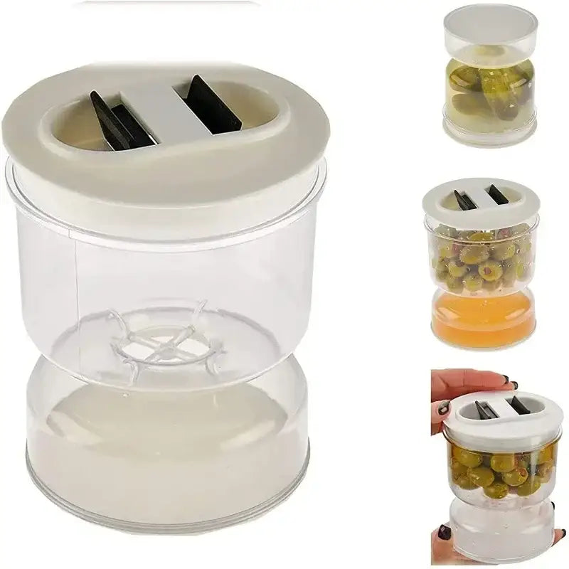 Clear plastic olive dispenser jar with white lid and black slicing blades for decorbites hourglass pickle jar