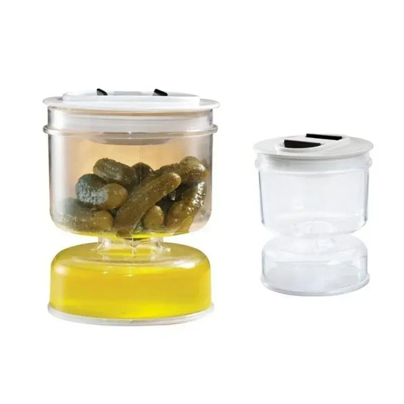 Clear plastic decorbites hourglass pickle and olive dispenser jar with white lid and yellow liquid base stackable design