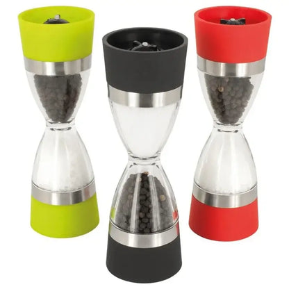 Set of three colorful decorbites hourglass shape dual pepper and salt grinders with glass bodies and stainless steel bands
