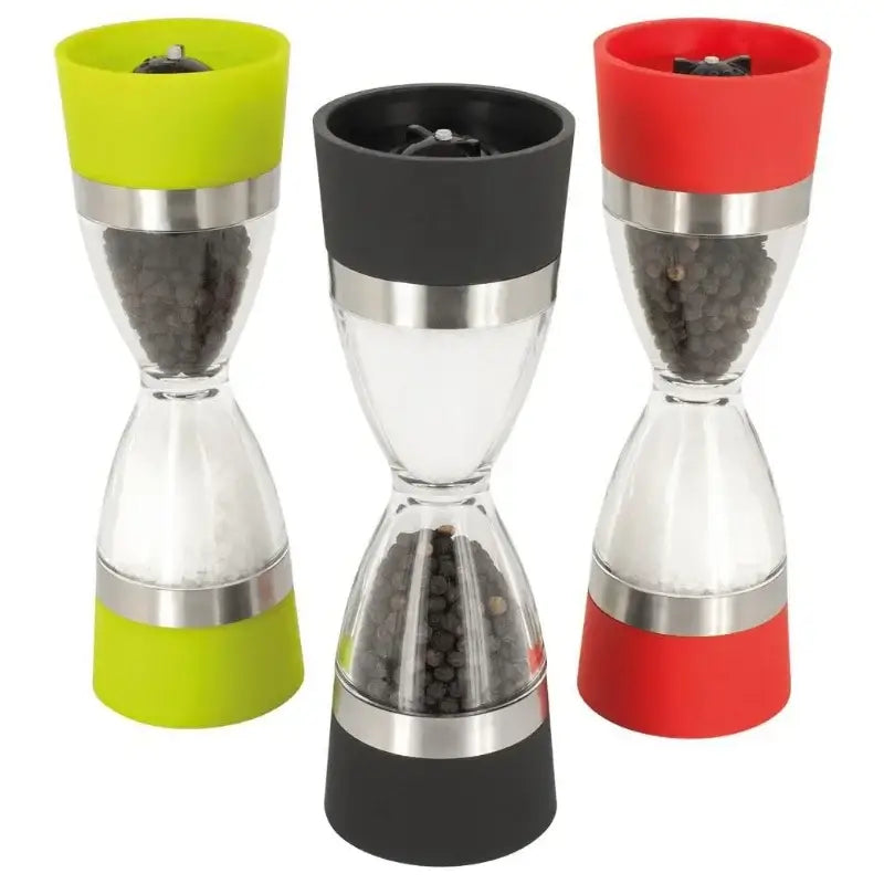 Set of three colorful decorbites hourglass shape dual pepper and salt grinders with glass bodies and stainless steel bands