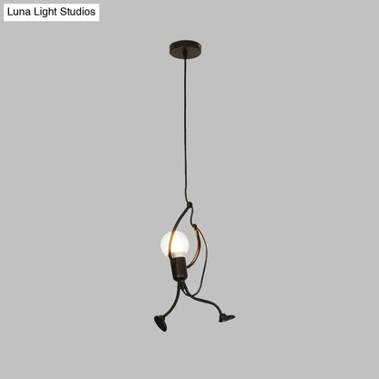 Human Shape Pendant Light: Black Finish, Industrial Iron, 1-Bulb for Restaurants