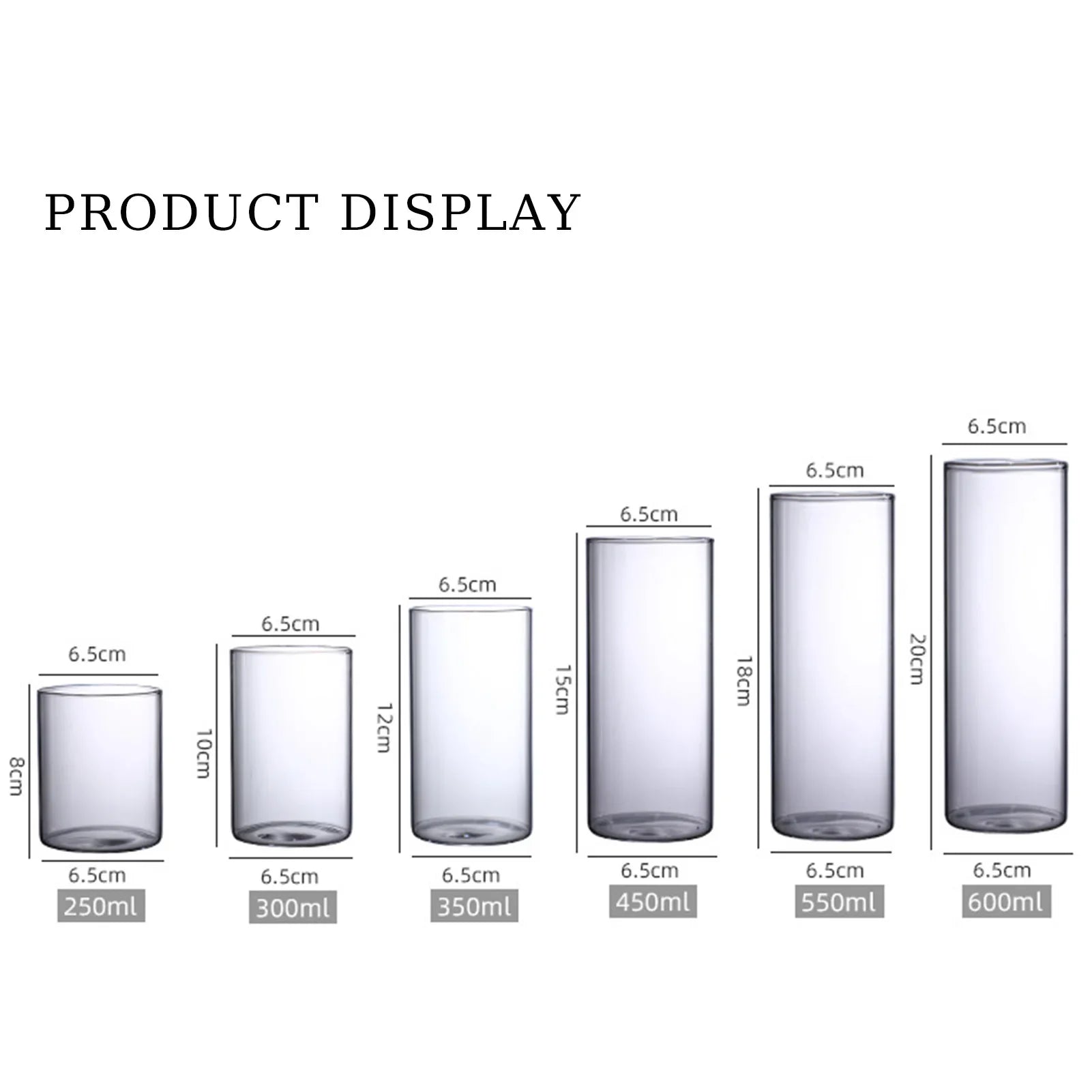 Clear cylindrical glass tumblers in varying heights with 6.5 cm diameter for hydroponics desktop planter vase use