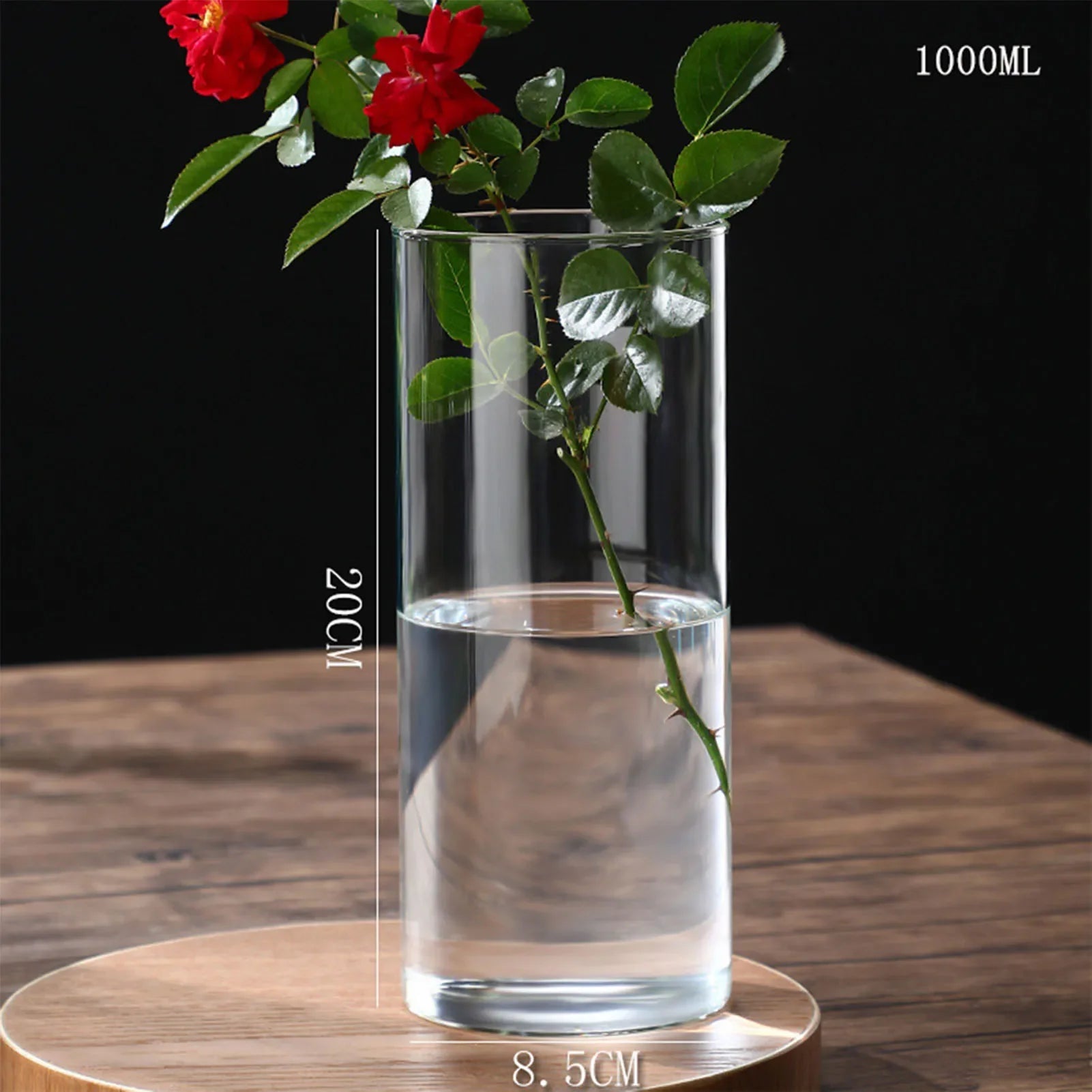 Clear cylindrical glass vase 1000ml capacity 20cm height holding red roses for desktop hydroponics home decoration