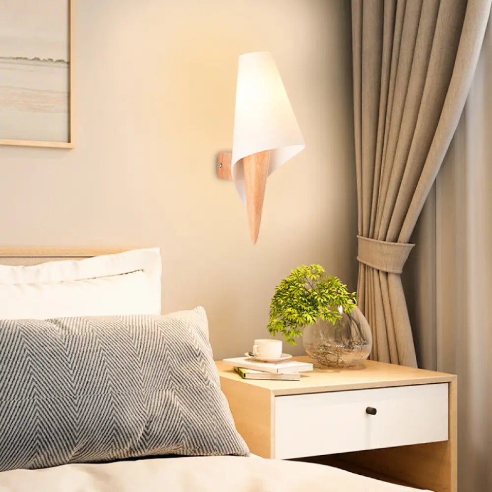 DecorBites™ Ice Cream Cone Wall Mounted Light with Simplicity Wood Finish, Single-Bulb Bedside Wall Light Fixture & White Glass Shade