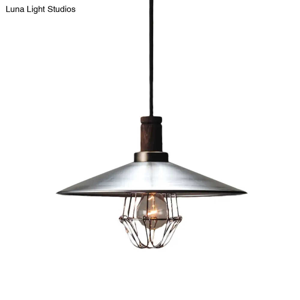 If you're looking to improve the product title for better SEO, consider the following: 

"Modern Aluminum Pendant Light: Silver Flying Saucer Design, 1-Light Farmhouse Ceiling Lamp with Wire Cage and Wood Cork