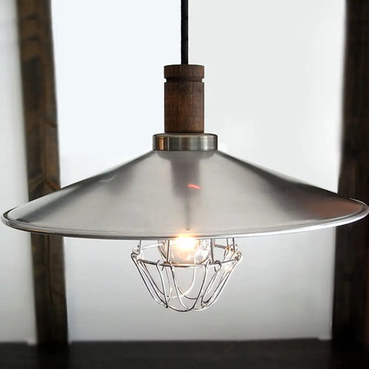 If you're looking to improve the product title for better SEO, consider the following: 

"Modern Aluminum Pendant Light: Silver Flying Saucer Design, 1-Light Farmhouse Ceiling Lamp with Wire Cage and Wood Cork